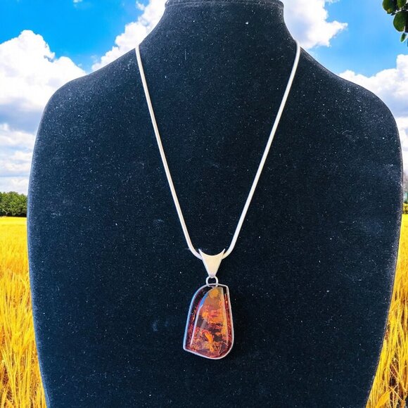 Sterling Silver Italy Vintage Snake Chain Necklace Amber Large Pendant - Picture 10 of 10